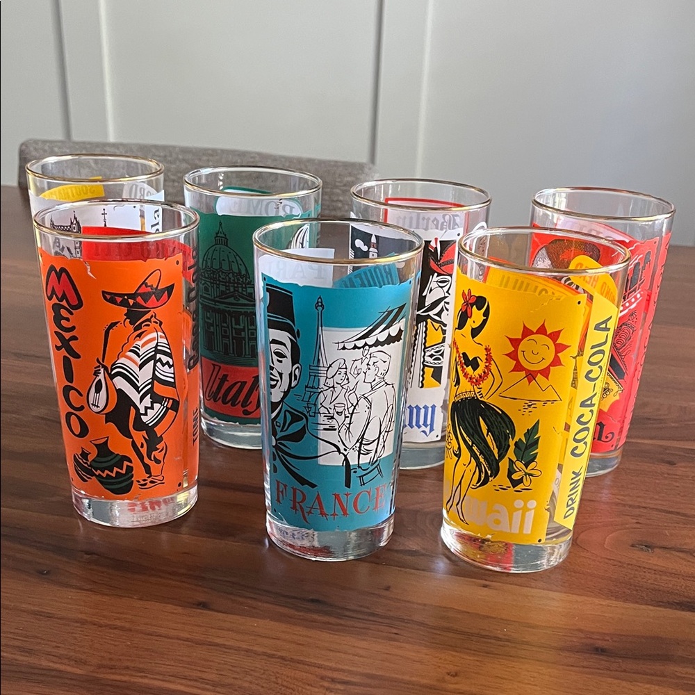 Lot of 7 Vintage 1960s Coca Cola Around the World Glasses Travel - Picture 1 of 5